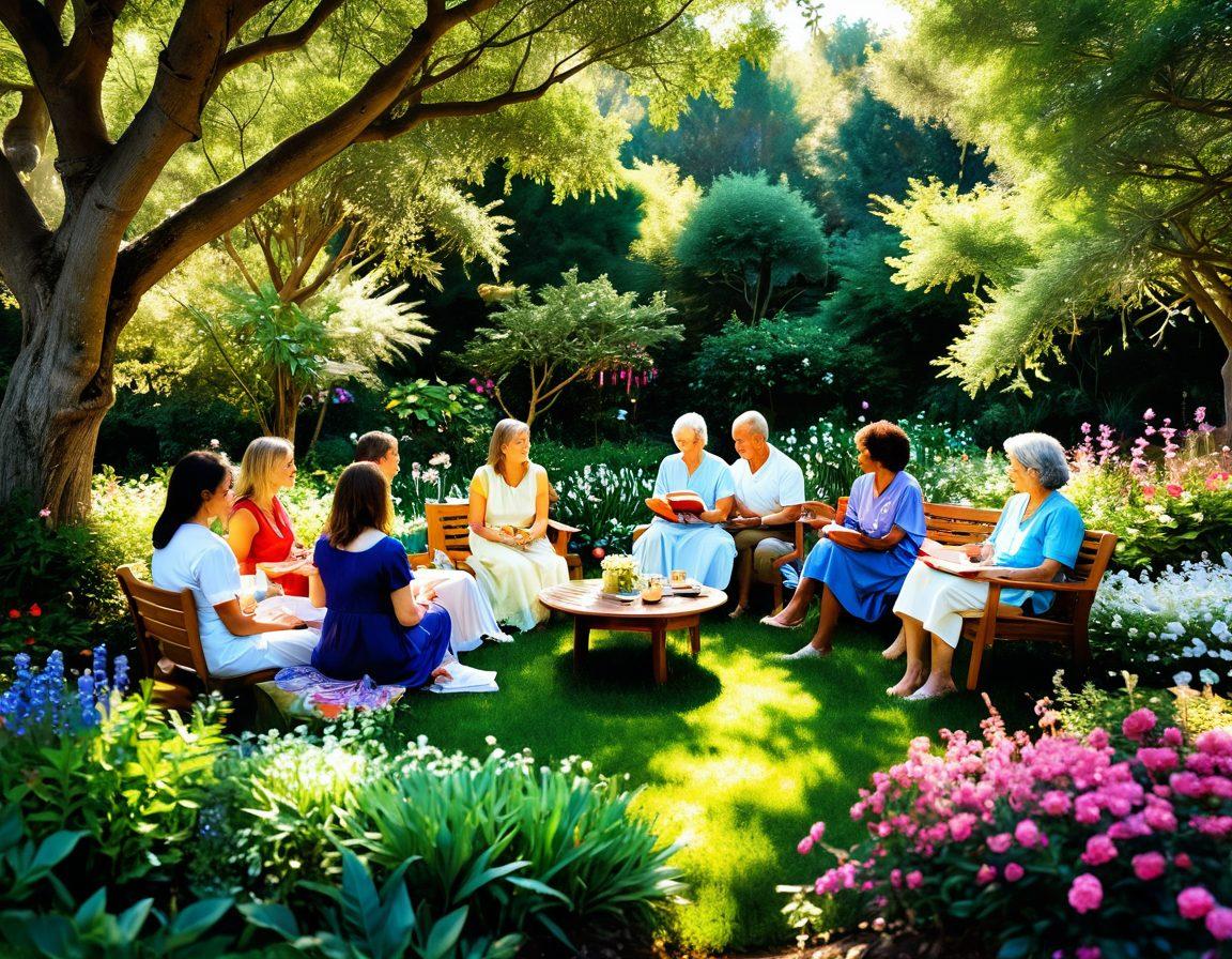 A serene scene illustrating a diverse group of people gathered in a lush garden, sharing stories and support, surrounded by blooming flowers symbolizing hope and healing. In the background, a soft sunlight filters through the trees, creating a warm and inviting atmosphere. Include elements like colorful books, tea cups, and wellness symbols to represent holistic care. vibrant colors. super-realistic.