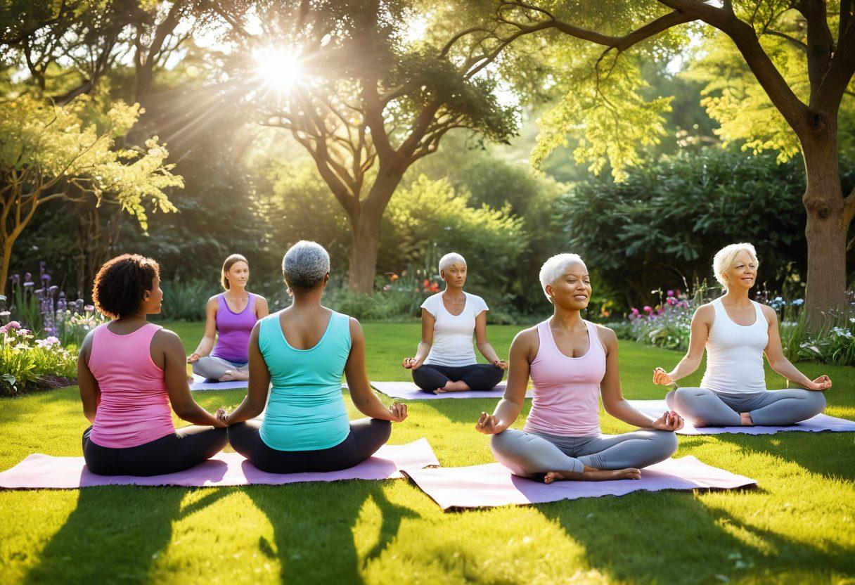 A serene scene depicting a group of diverse cancer survivors in a vibrant outdoor garden, engaged in holistic health activities like yoga, meditation, and herbal tea preparation. Soft sunlight filtering through trees creates a warm ambiance, symbolizing hope and wellness. Include soothing elements like colorful flowers and inspirational quotes floating in the air. super-realistic. vibrant colors. natural background.