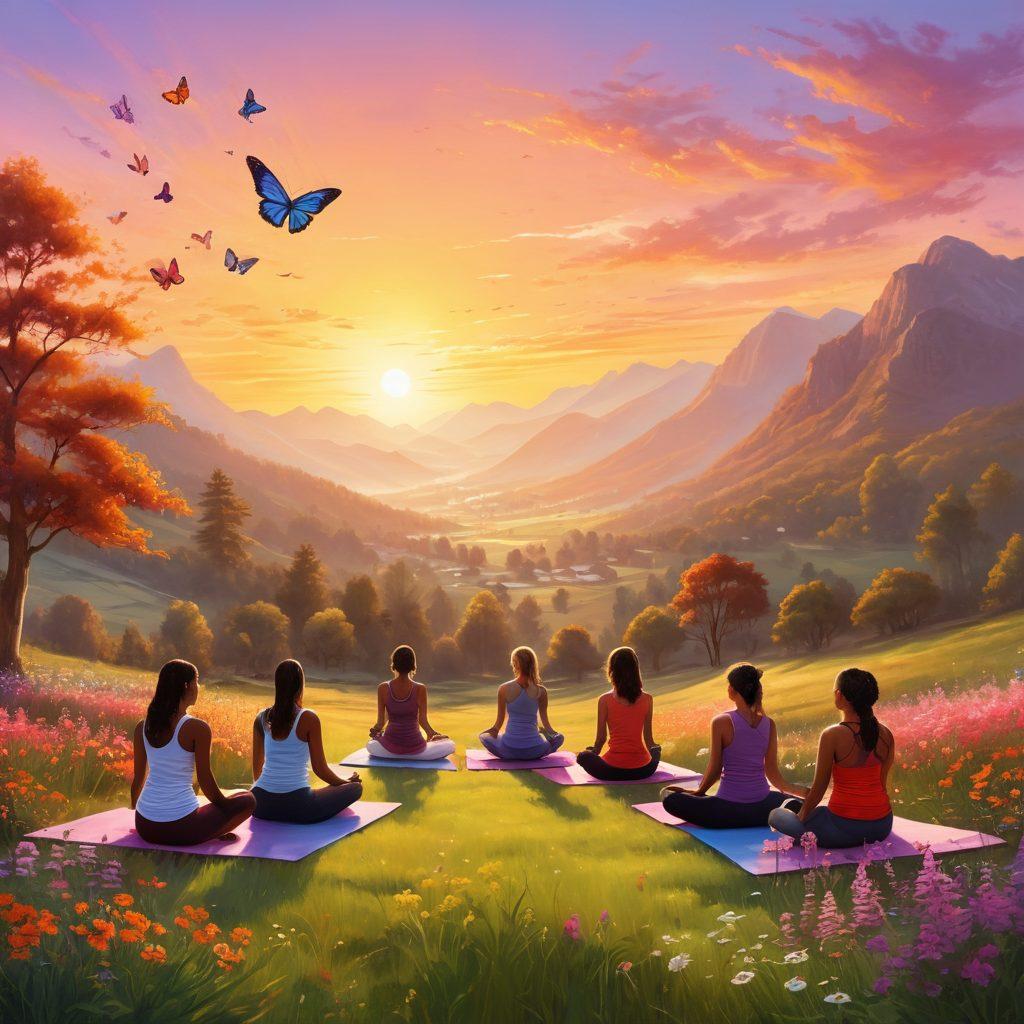 A serene landscape depicting a vibrant sunrise over a peaceful valley, symbolizing hope and new beginnings. In the foreground, a diverse group of people from different backgrounds engage in outdoor activities like yoga and meditation, embodying wellness and community support. Soft, warm colors dominate the image, creating an uplifting atmosphere. There are subtle symbols of triumph like a butterfly and blooming flowers scattered throughout. painting. vibrant colors.